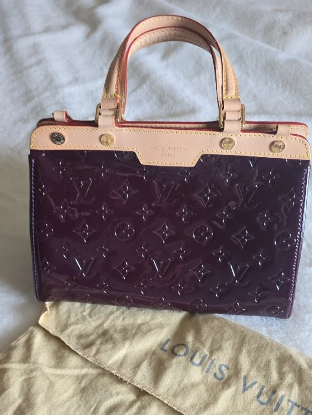FAUX Louis Vuitton Plum Vernis Leather Satchel with Natural Trim NEVER USED